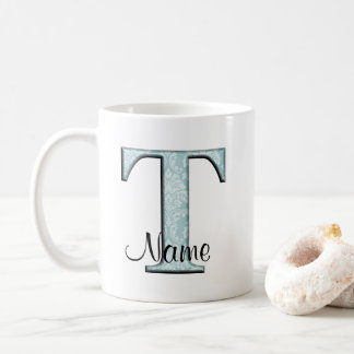 Taza De Café Impresión floral azul T iniciales en monograma Caf