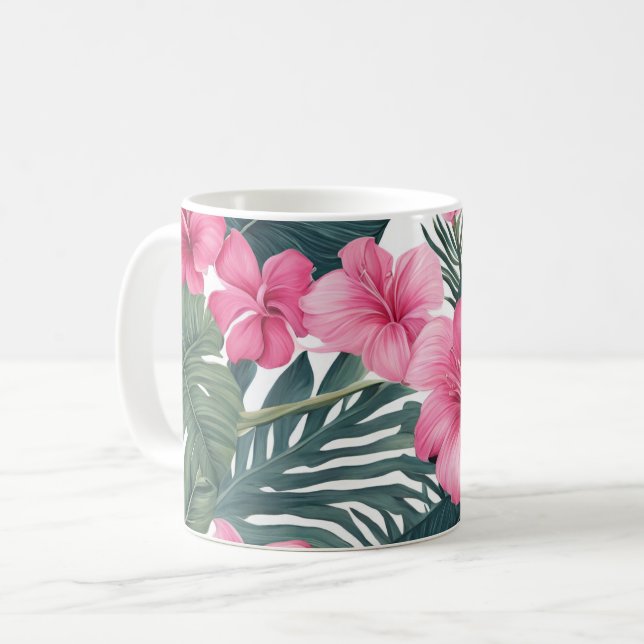 Taza De Café Impresión floral de vacaciones rosadas tropicales (Anverso izquierdo)