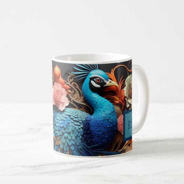 Taza De Café Impresionante Personalizado Monograma Peacock Mug (Anverso derecho)