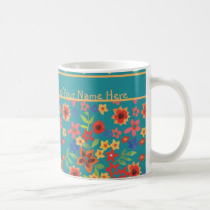 Taza De Café Impresiones florales retro sobre café Verde azulad