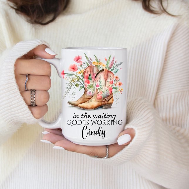 Taza De Café In the Waiting God is Working | Personalized Name  (Encourage the one you love with this beautiful God is Working quote. )