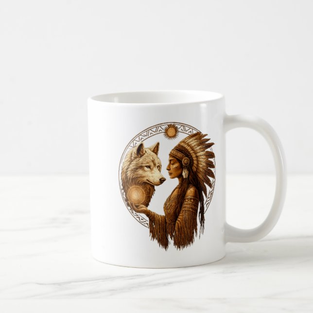 Taza De Café Indian Native American Woman With White Wolf Vinta (Derecha)