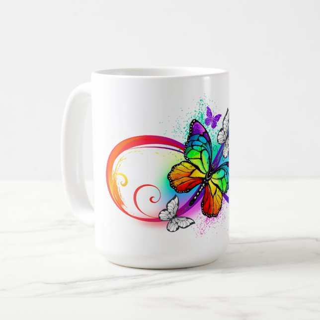 Taza De Café Infinidad brillante con la mariposa arcoiris (Anverso izquierdo)