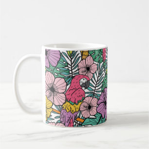 Taza De Café Inhibisco tropical, palma, patrón de loros.