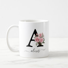 Taza De Café Inicial A Rosas Rosadas Floral Flores Monograma No