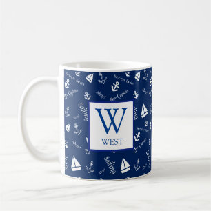 Taza de café inicial azul marino náutico