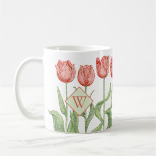 Taza De Café Inicial con monograma floral del tulipán rosado