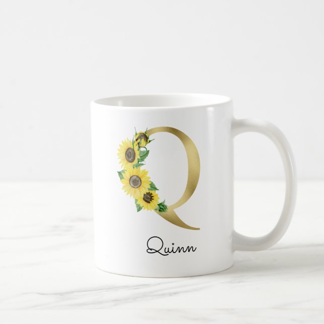 Taza De Café Inicial de girasol dorado monogramado Q (Derecha)