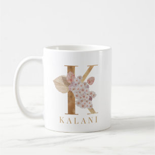 Taza De Café Inicial de letra K floral en acuarela y dorado