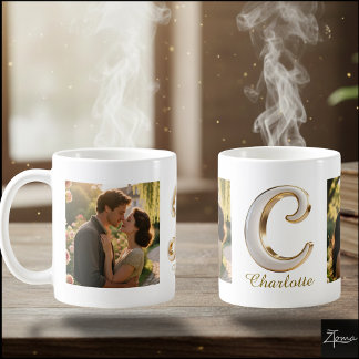 Taza De Café Inicial de lujo Cursiva Oro Blanco Inicial  C + 2 