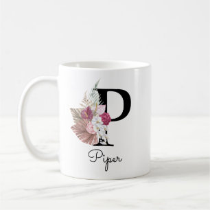Taza De Café Inicial floral boho femenino rosa Monograma P