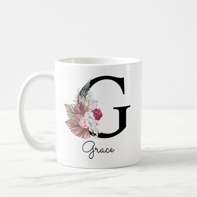 Taza De Café Inicial Floral Boho Rosa Monogramada G (Izquierda)
