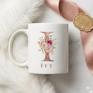 Taza De Café Inicial Floral de Oro Rosa Personalizada I Monogra