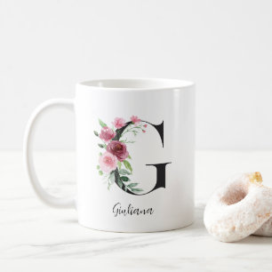 Taza De Café Inicial floral G Rosas rosadas Nombre editable