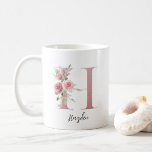 Taza De Café Inicial floral H Rosas sonrosadas Nombre editable