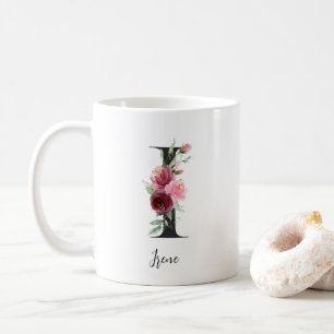 Taza De Café Inicial floral I Rosas rosadas Burdeos Editable No