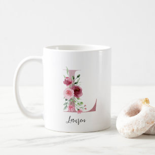 Taza De Café Inicial floral L Rosas Borgoña Nombre editable