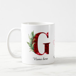 Taza de café inicial G con corazón rojo elegante f