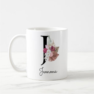 Taza De Café Inicial J Floral Rosa Monogramada
