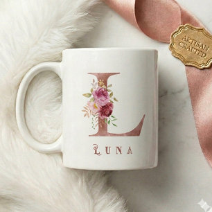 Taza De Café Inicial L Floral de Oro Rosa Personalizada