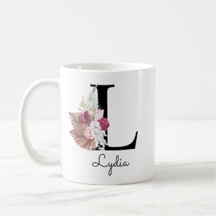 Taza De Café Inicial L Floral Rosa Monogramada