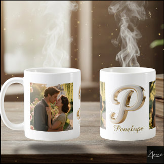 Taza De Café Inicial P + 2 FOTO dorada blanca cursiva de lujo