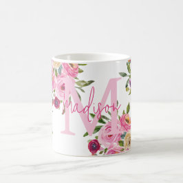 Taza De Café Inicial | Personalizar | Acuarela | Floral