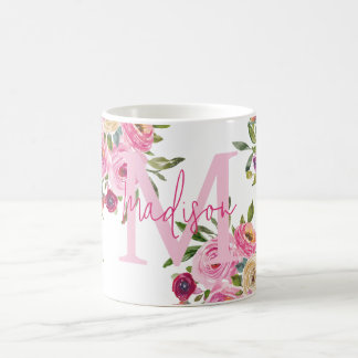 Taza De Café Inicial | Personalizar | Acuarela | Floral