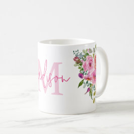 Taza De Café Inicial | Personalizar | Acuarela | Floral