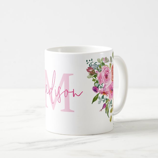 Taza De Café Inicial | Personalizar | Acuarela | Floral (Anverso derecho)
