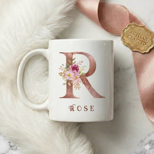 Taza De Café Inicial R Floral de Oro Rosa Personalizada