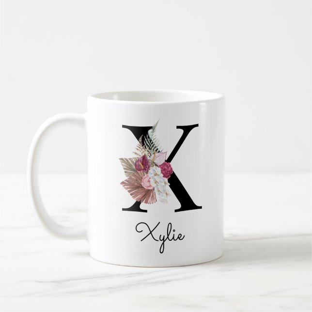 Taza De Café Inicial S Monogramada Rosa Boho Floral Femenina (Izquierda)