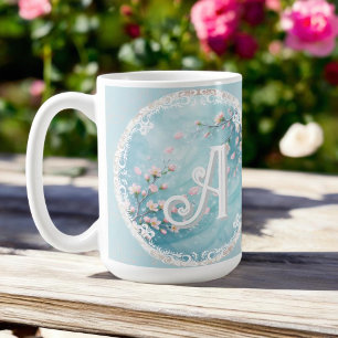 Taza De Café Iniciales de Flor de Cerezo Turquesa Elegante Rosa