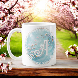 Taza De Café Iniciales de Flor de Cerezo Turquesa Elegante Rosa