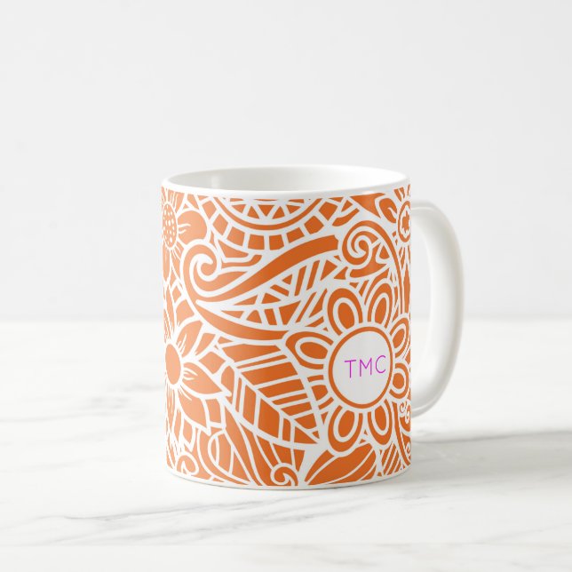Taza De Café INICIALES de monograma blanco Naranja floral Mande (Anverso derecho)