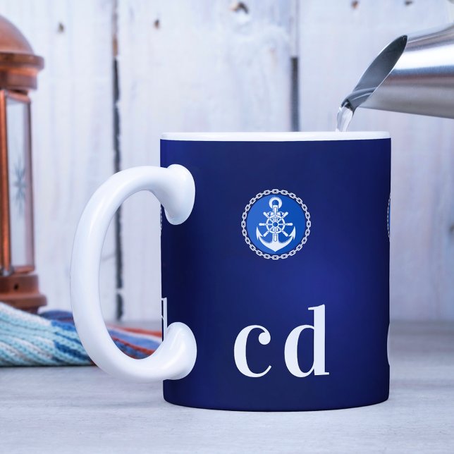 Taza De Café Iniciales de monograma de barco náutico azul marin (Subido por el creador)