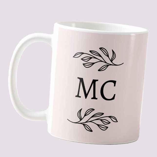 Taza De Café Iniciales de Monograma Personalizadas Botánico Ros (Modern personalized monogram initials botanical leaf line art coffee mug)