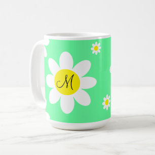 Taza De Café Iniciales Personalizados florales de color blanco