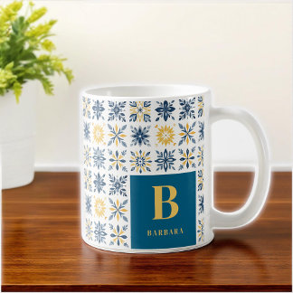 Taza De Café Initial Mediterranean Floral Tile-Style Pattern 