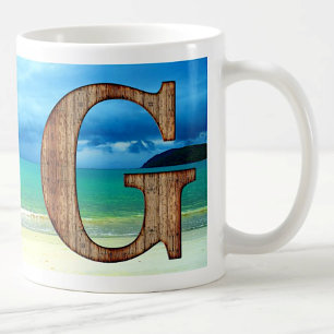 Taza De Café Initial Monogram Wooden Letter G Beach Ocean Scene