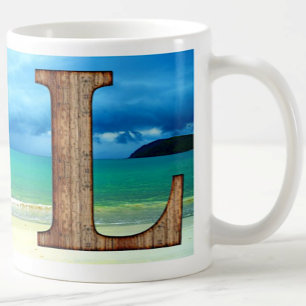 Taza De Café Initial Monogram Wooden Letter L Beach Ocean Scene