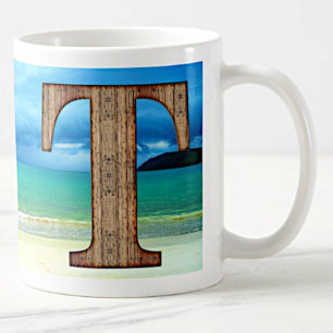 Taza De Café Initial Monogram Wooden Letter T Beach Ocean Scene