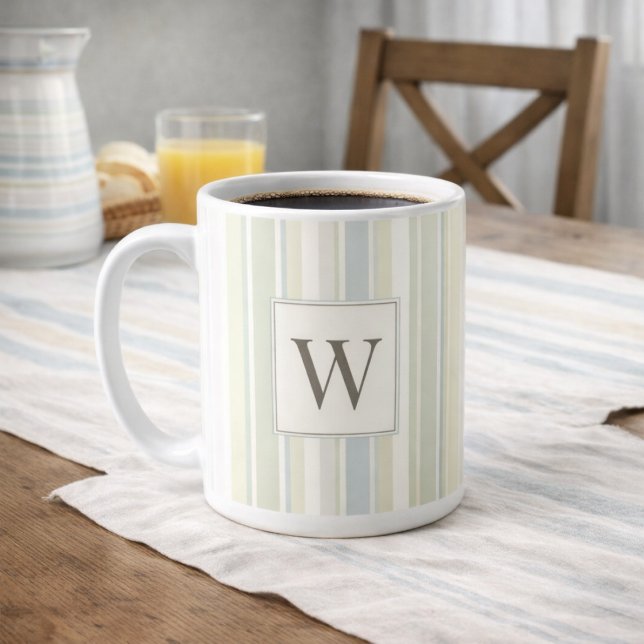 Taza De Café Initial Neutral Dusty Blue Stripe Rustic Farmhouse (Subido por el creador)