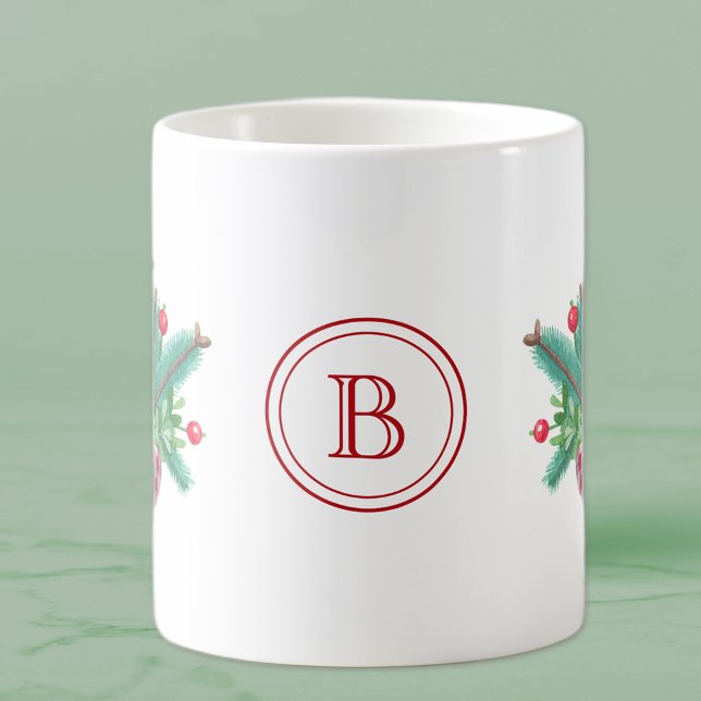 Taza De Café Initial, Watercolor Berries & Greenery Bouquet (Subido por el creador)