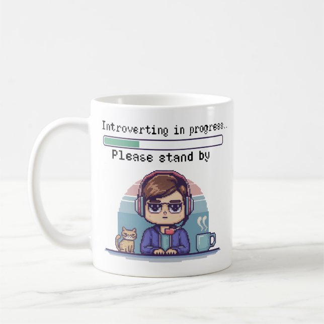 Taza De Café Introvirtiéndose en Progreso – Divertido Pixel Ret (Izquierda)
