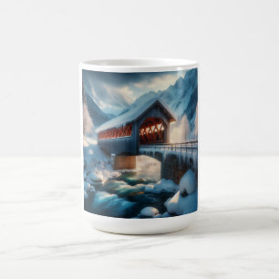 Taza De Café Invierno, puente cubierto de nieve y río