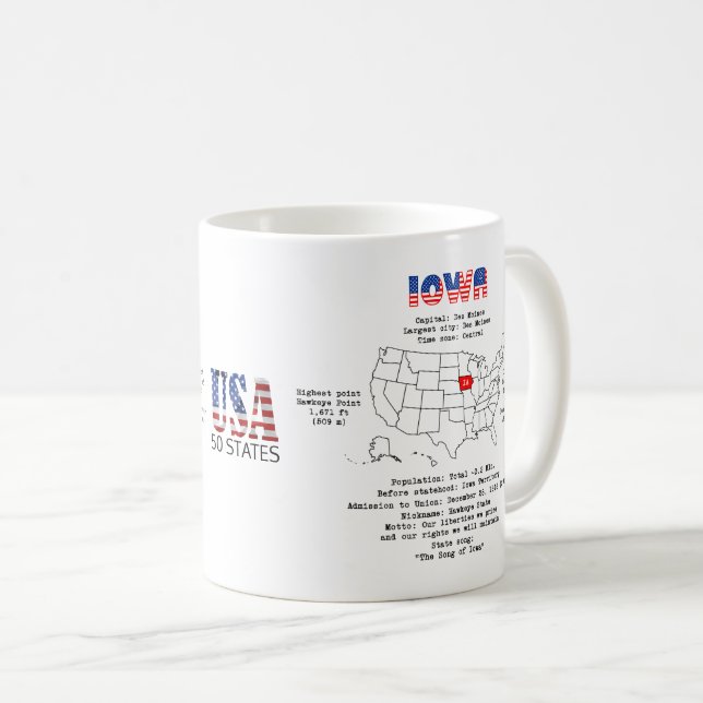 Taza De Café Iowa Estado americano en un mapa e información úti (Anverso derecho)