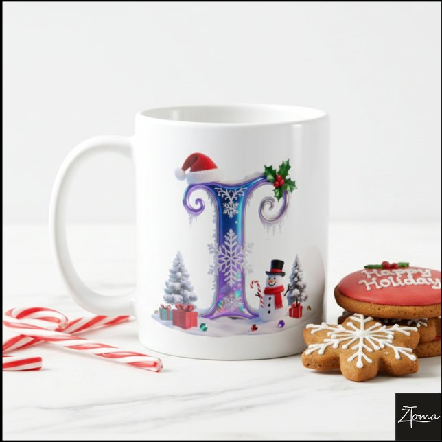 Taza De Café Iridescent Christmas Letter I with Snowman (Subido por el creador)