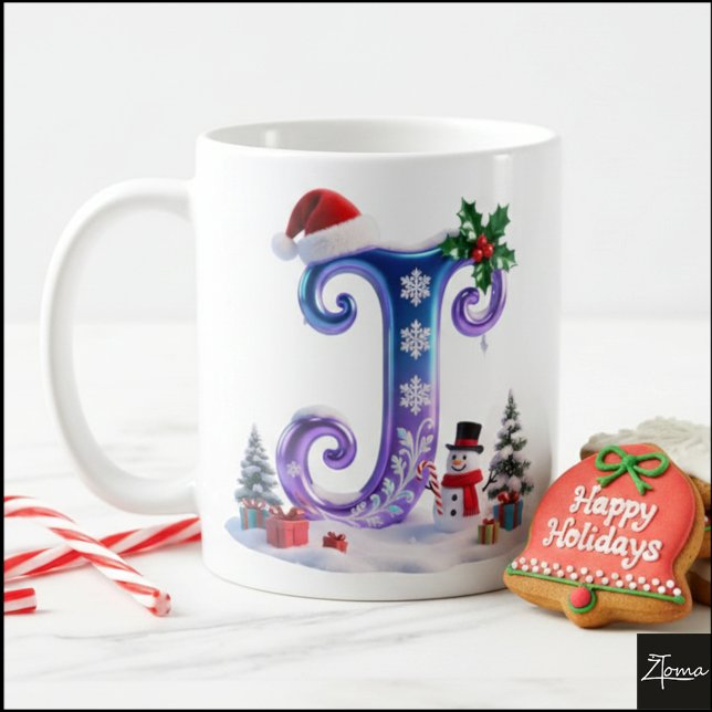 Taza De Café Iridescent Christmas Letter J with Snowman (Subido por el creador)