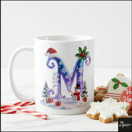 Taza De Café Iridescent Christmas Letter M with Snowman